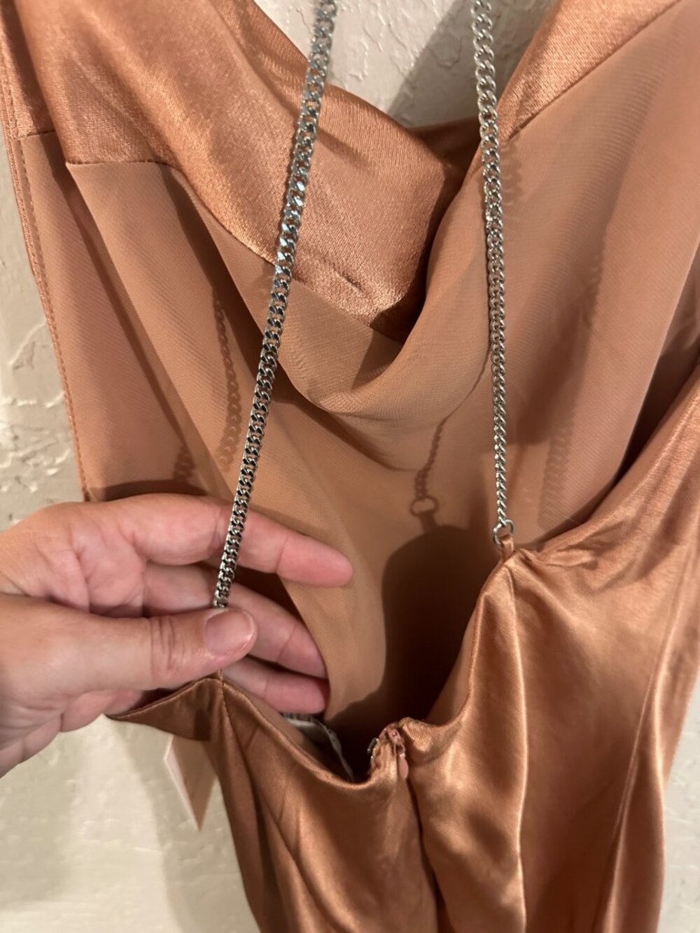 NWT Rose Gold Cowl Neck Satin Metal Chain Mini Cocktail Dress - Picture 9 of 13